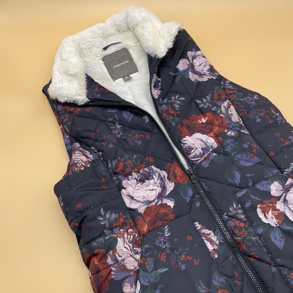 Maurices Womens Vest Size Small Puffer Zip Up Floral Sherpa Lined Collared